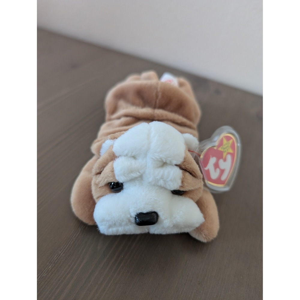Ty Beanie Babies Wrinkles the Bulldog Tan White Plush Dog Puppy‎ Stuffy Toy